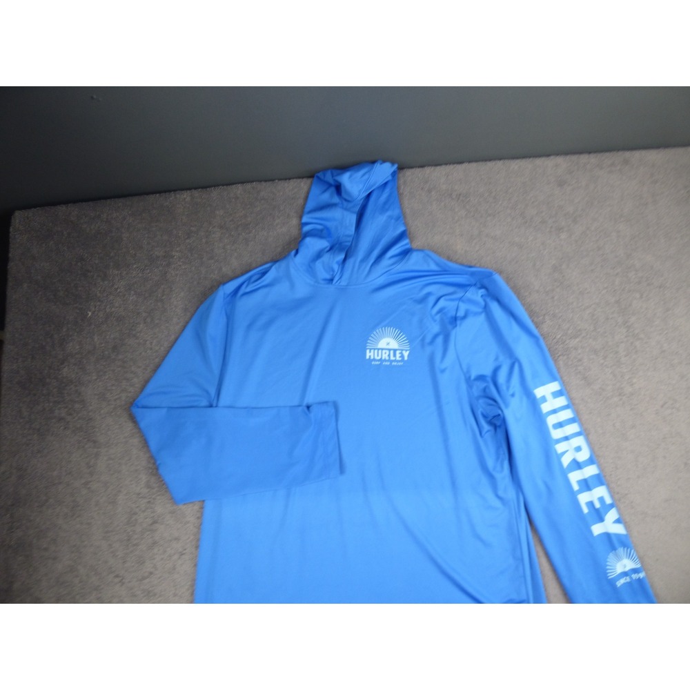 Hurley Mens XL Blue Long Sleeve Hooded Sun Shirt Rash Guard Logo Graphic